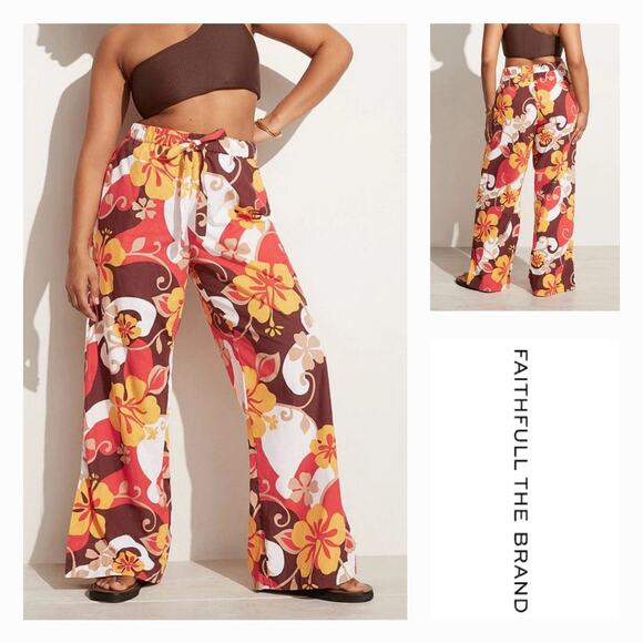NWT Faithfull the Brand Celvia Ulani Floral Print Cotton Pant Sz. 2 Brown White - Picture 1 of 15